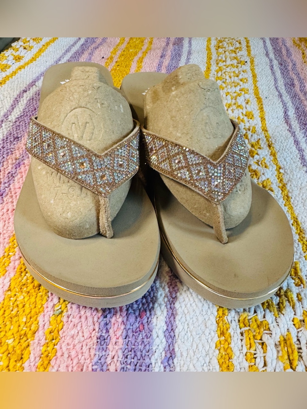 Yellow Box Tan Beaded Platform Thong Sandals
